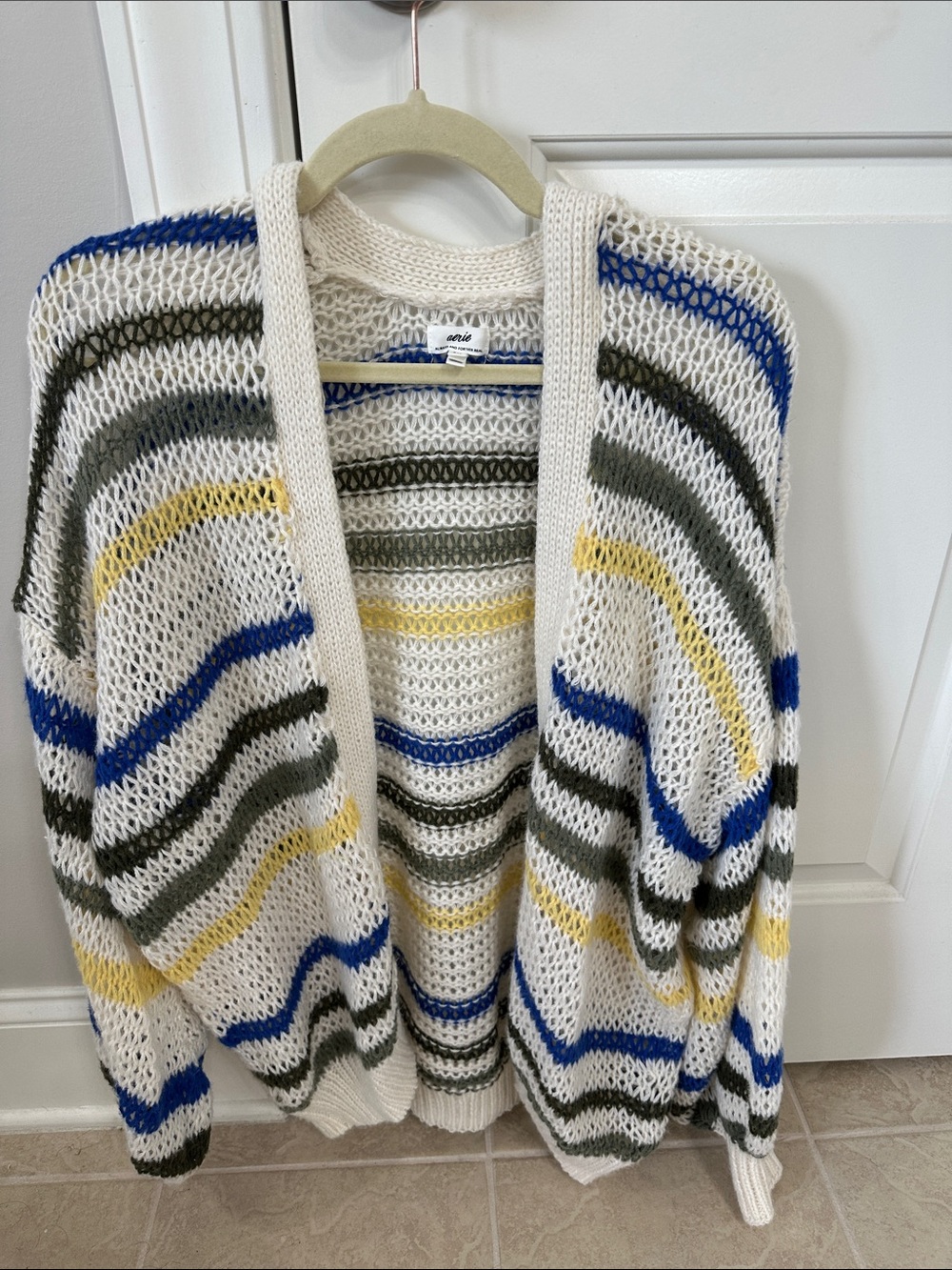 Aerie Open-Front Cream Stripe Knit Cardigan